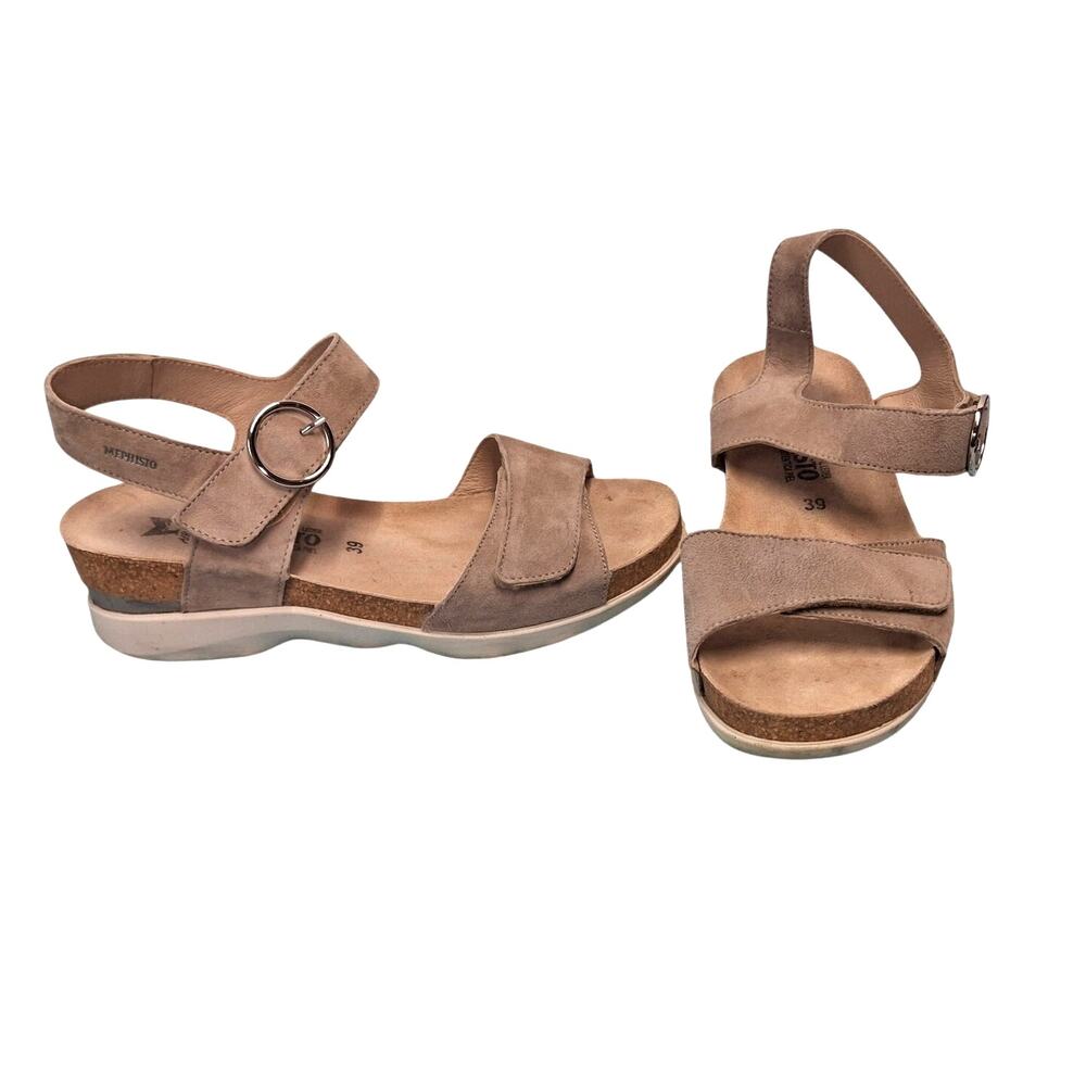 Mephisto Oriana Wedge Sandals Tan Beige Warm Grey Suede Cork EU 39 US 8.5